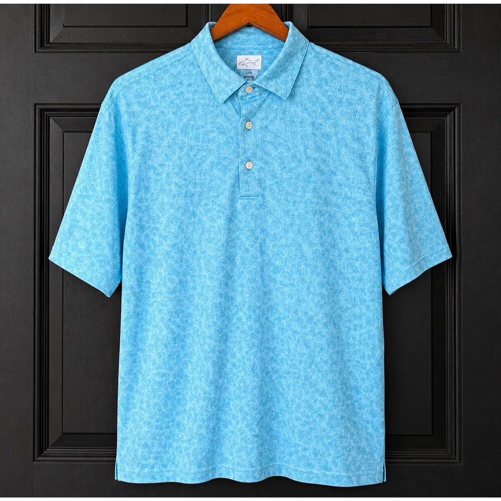 Greg Norman ML75 PlayDry Men’s L Blue Floral Golf Polo Shark Logo